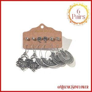 6 Pair Boho Exotic Antiqued Silver Hoops and Posts
